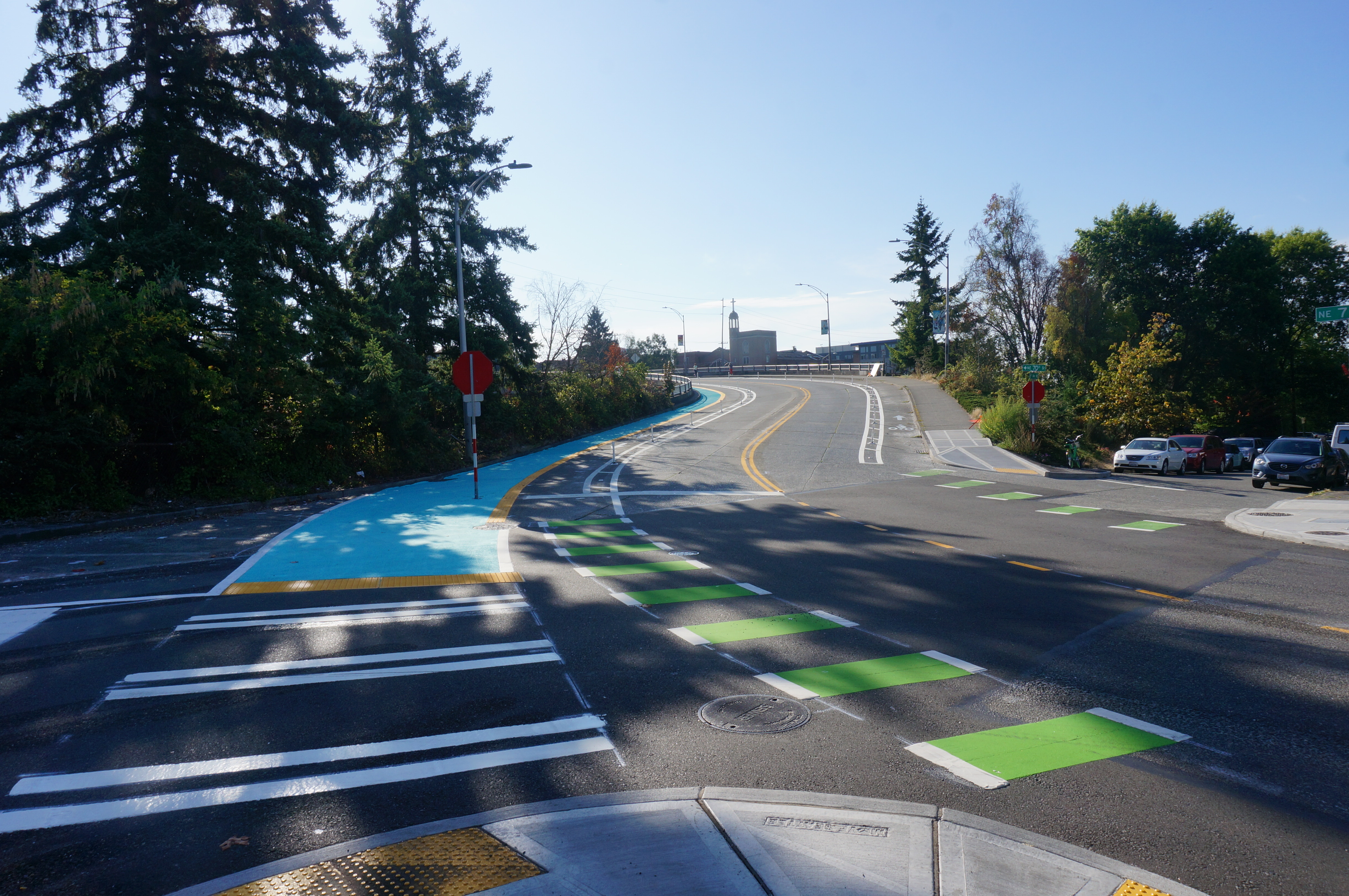Photo showing intersection of 6th Ave NE and NE 70th St after crossing improvements