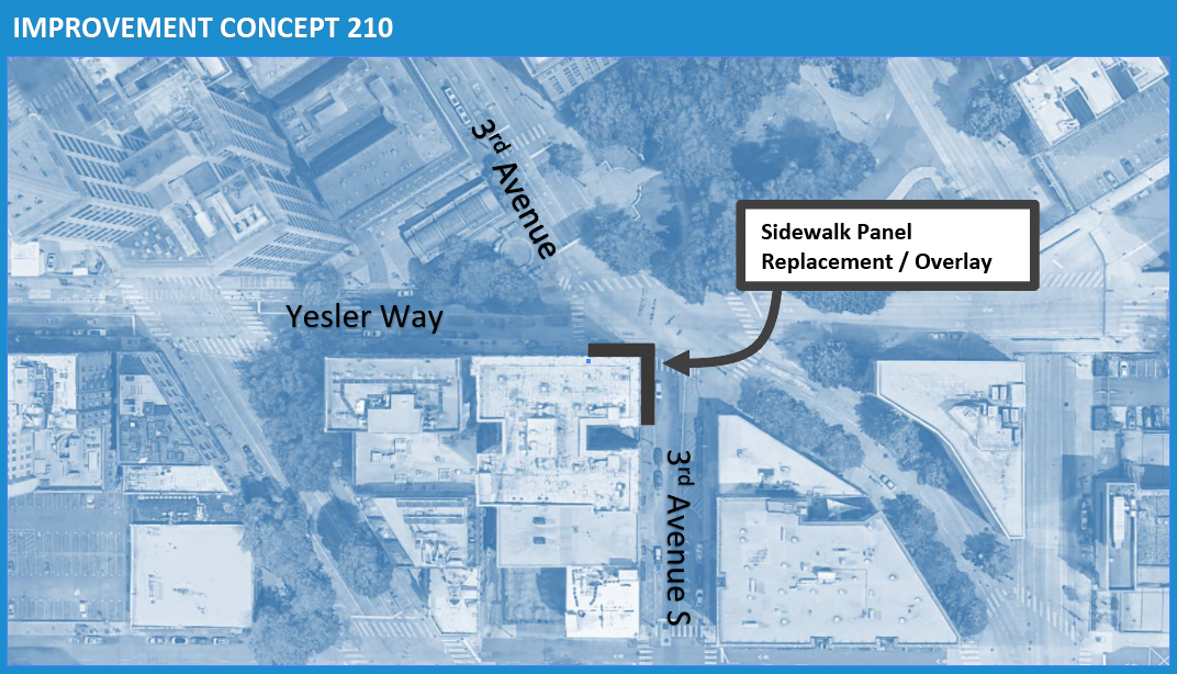 A map of the project area of the southwest corner of Yesler Way and 3rd Ave S