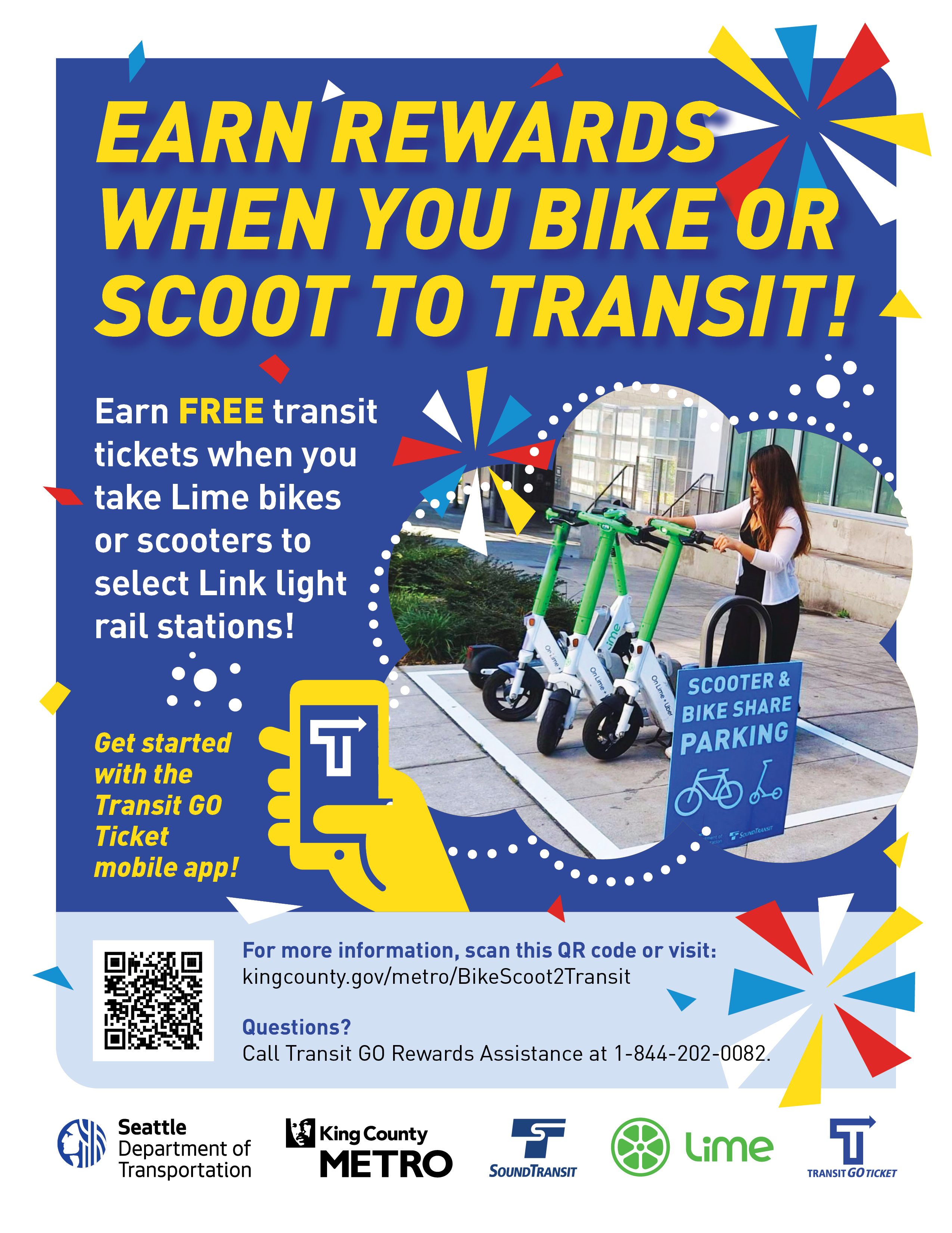 Flyer for Bike & Scoot to Transit program, explaining how you can earn free transit tickets if you take a Lime scooter or bike to select Link light rail stations, after signing up for Transit GO Rewards and connecting your Lime account.