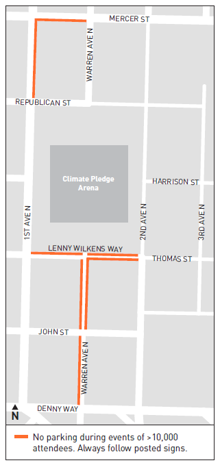 Map of No Parking Blocks During Large Events at Climate Pledge Arena