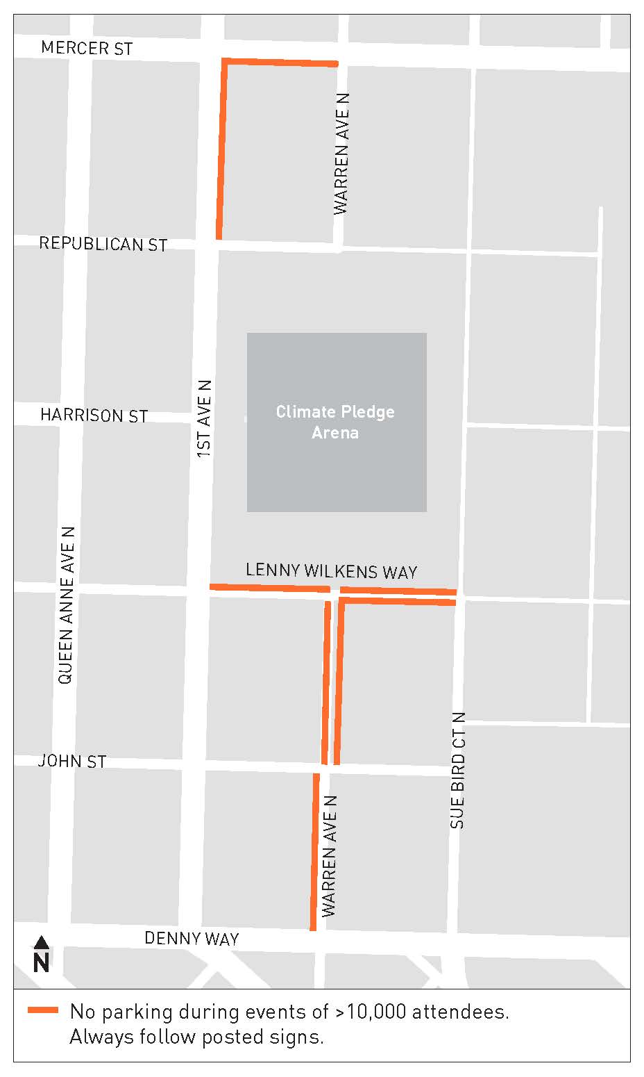 This map depicts streets around Climate Pledge Arena where parking is prohibited during certain large events. 