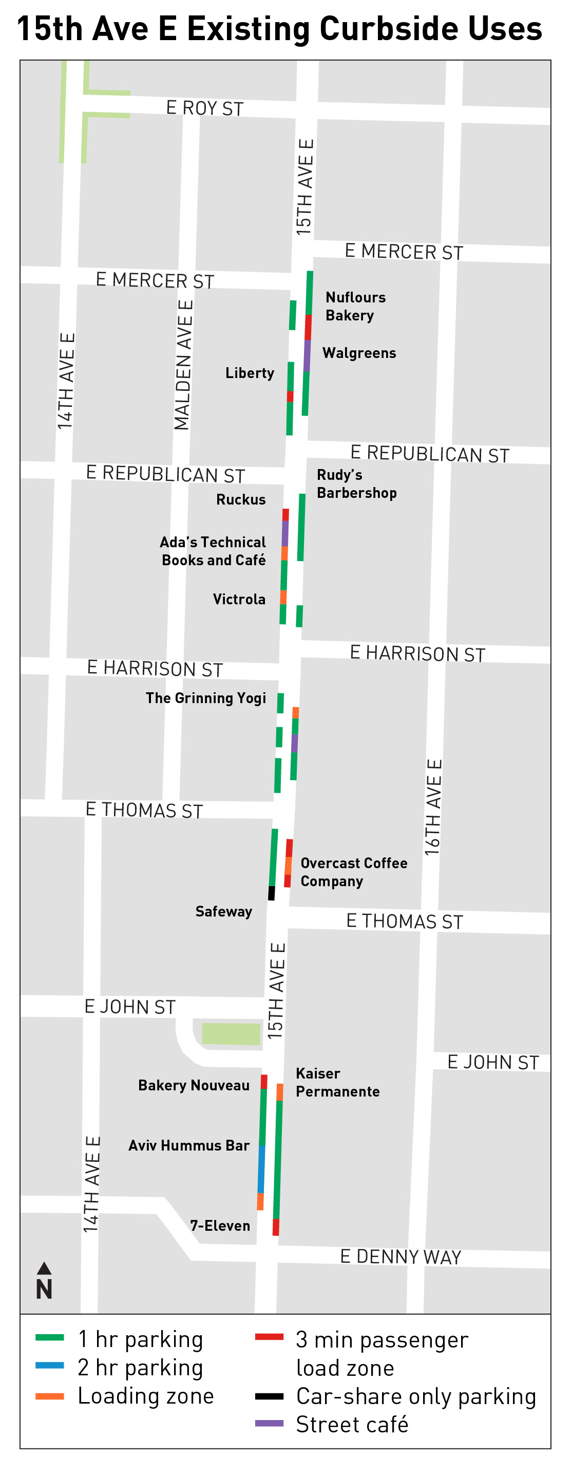 A graphic map indicating the parking types and study area on 15th Ave E, from Denny Way to E Roy Street, between 13th Ave E and 17th Ave E.