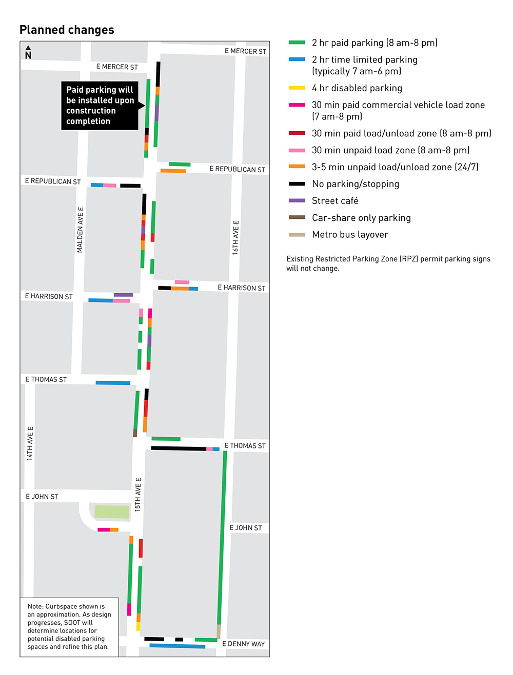 Map of planned parking changes on 15th Ave E