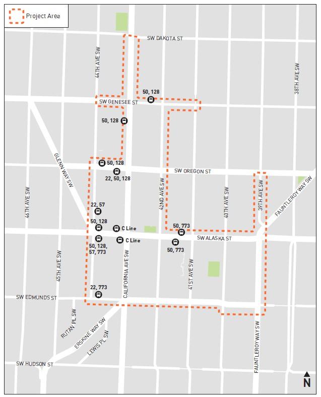 Map of Alaska Junction parking study area that includes California Ave SW from SW Dakota St to SW Edmunds St on the southern end; study area goes from 44th Ave SW on the west to Fauntleroy Way SW on the east.