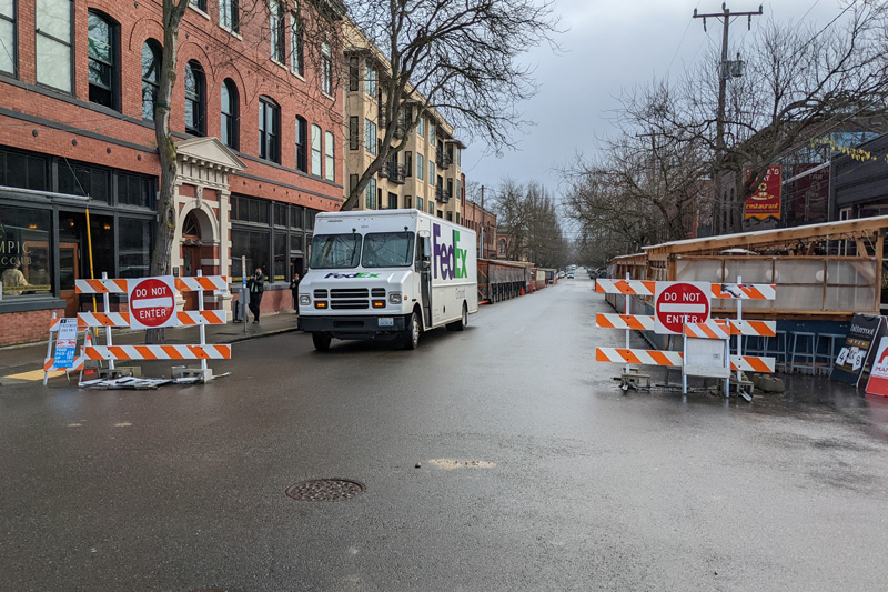 Ballard Ave in 2020 showing cafe structures built in response to the COVID-19 pandemic