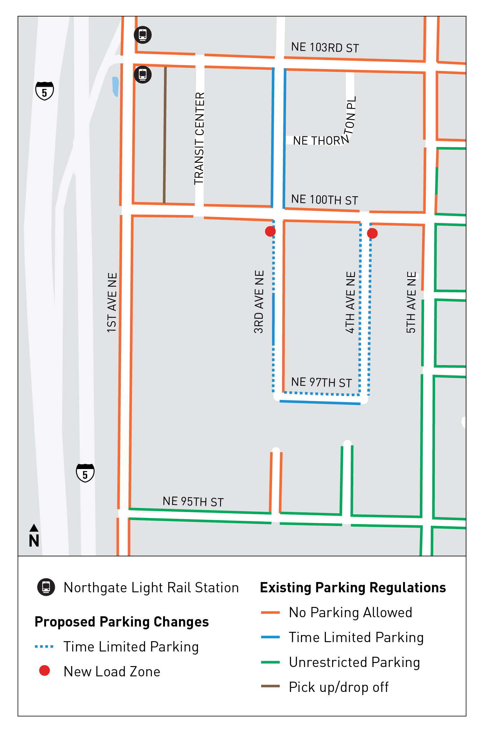 Map of curbspace changes around the new light rail station in Northgate