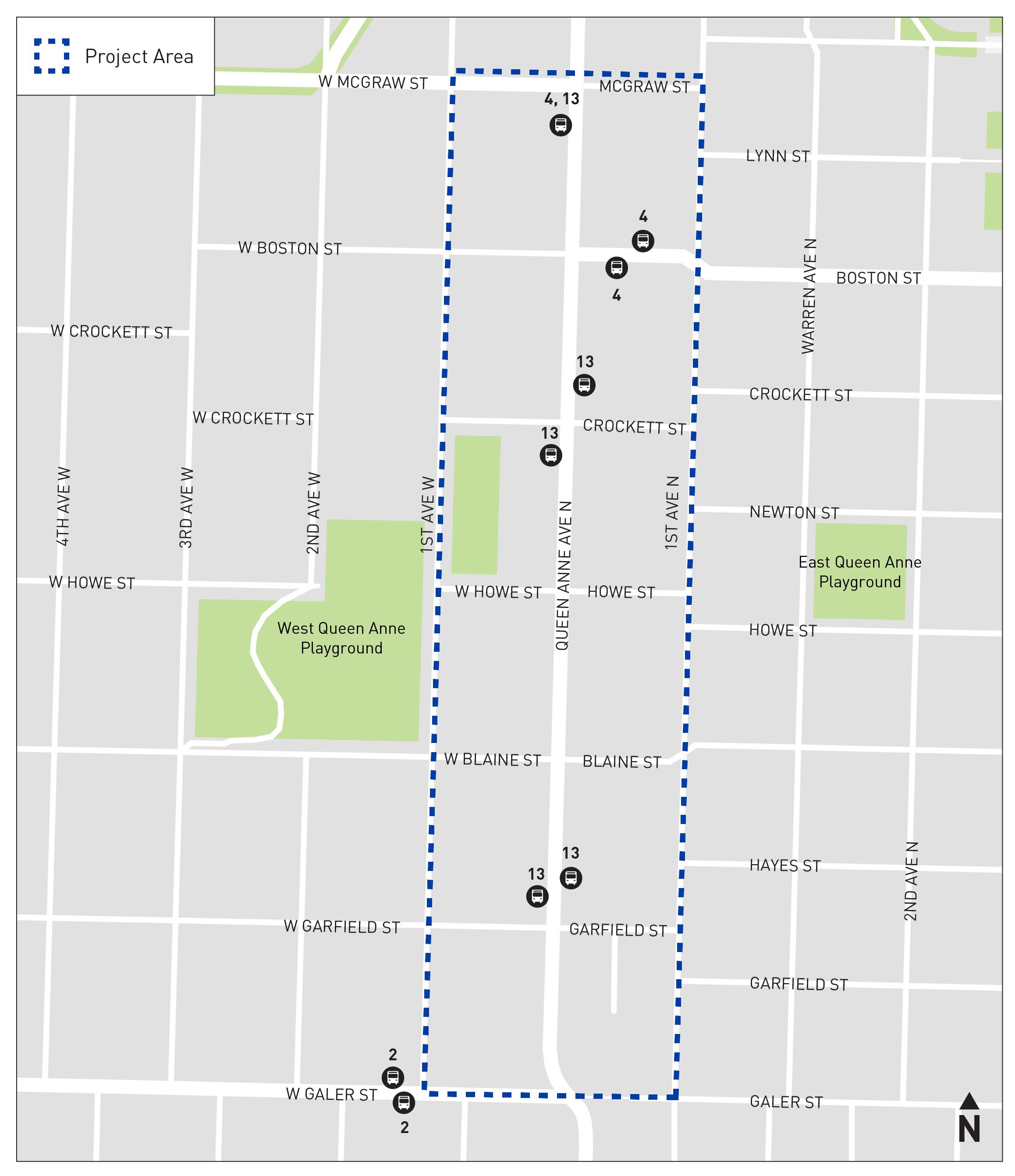Map showing the Queen Anne Ave N project area and bus routes serving bus stops in the area.   