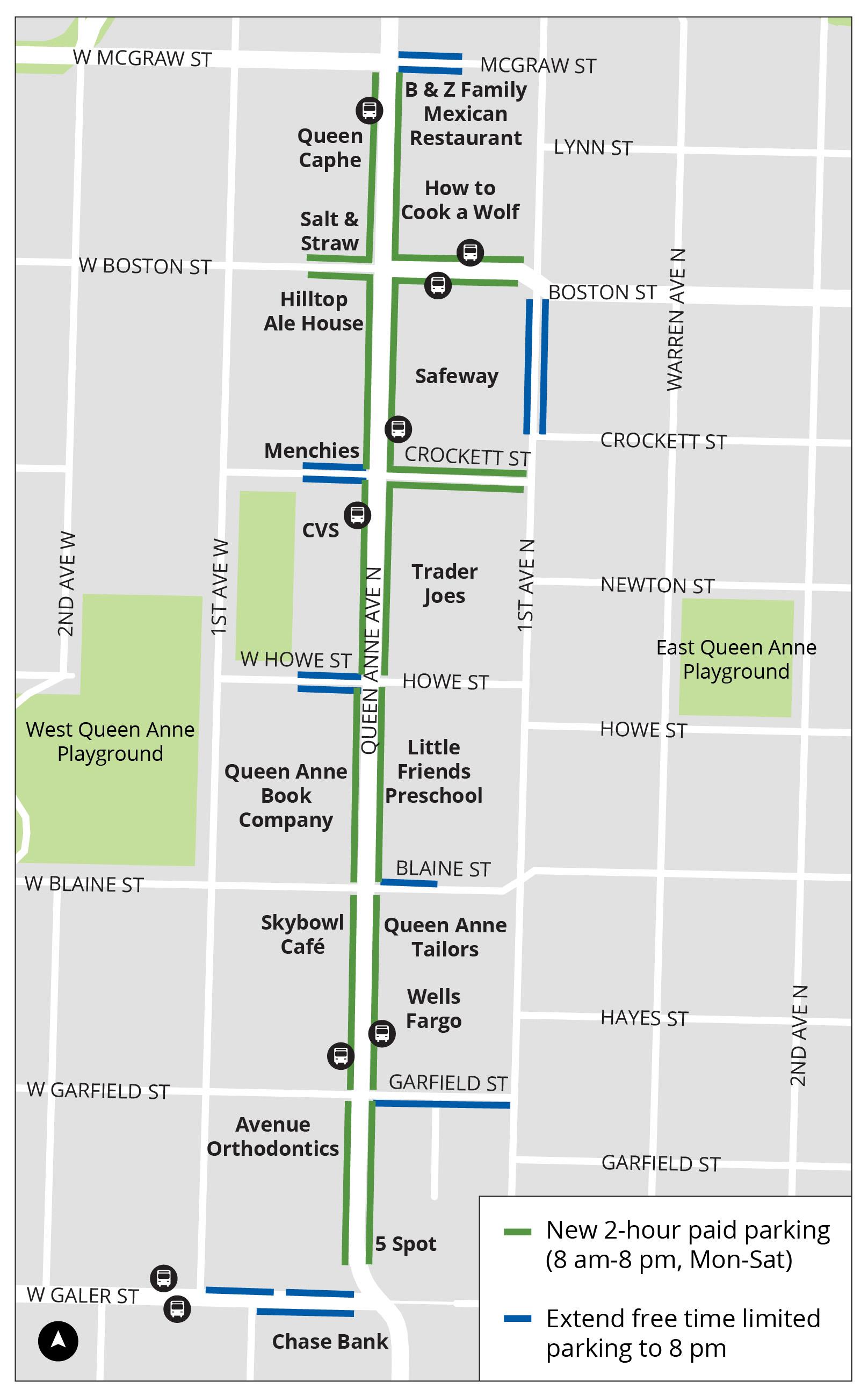 Map of proposed parking changes on Queen Anne Ave N