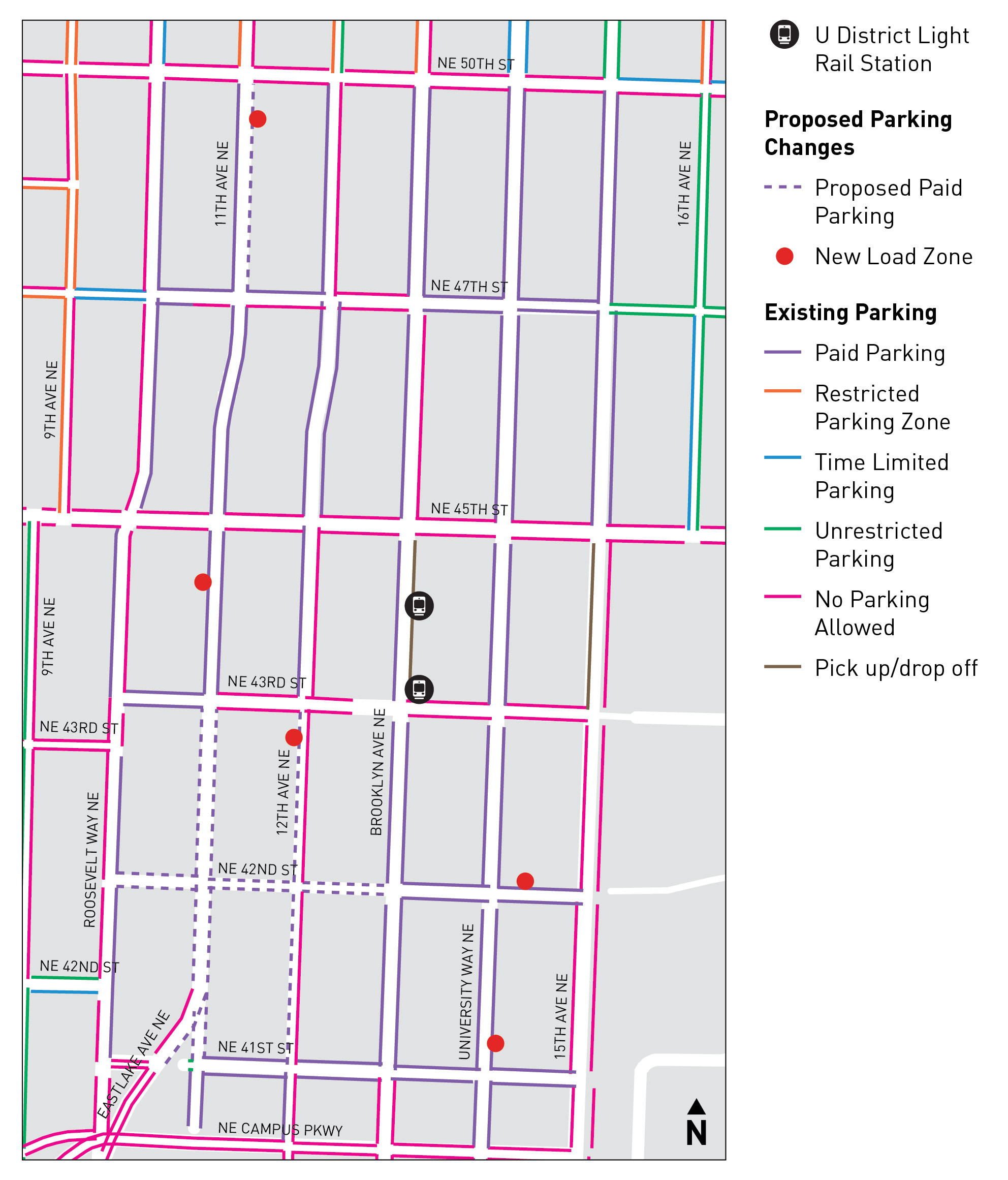Map of curb changes around U-district Light Rail station