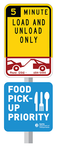 A black and yellow sign reading 5 minute load and unload over a red and white sign of a car being towed. Bottom sign is blue with white text reading food pick up priority with a white icon of a knife, fork, and spoon.