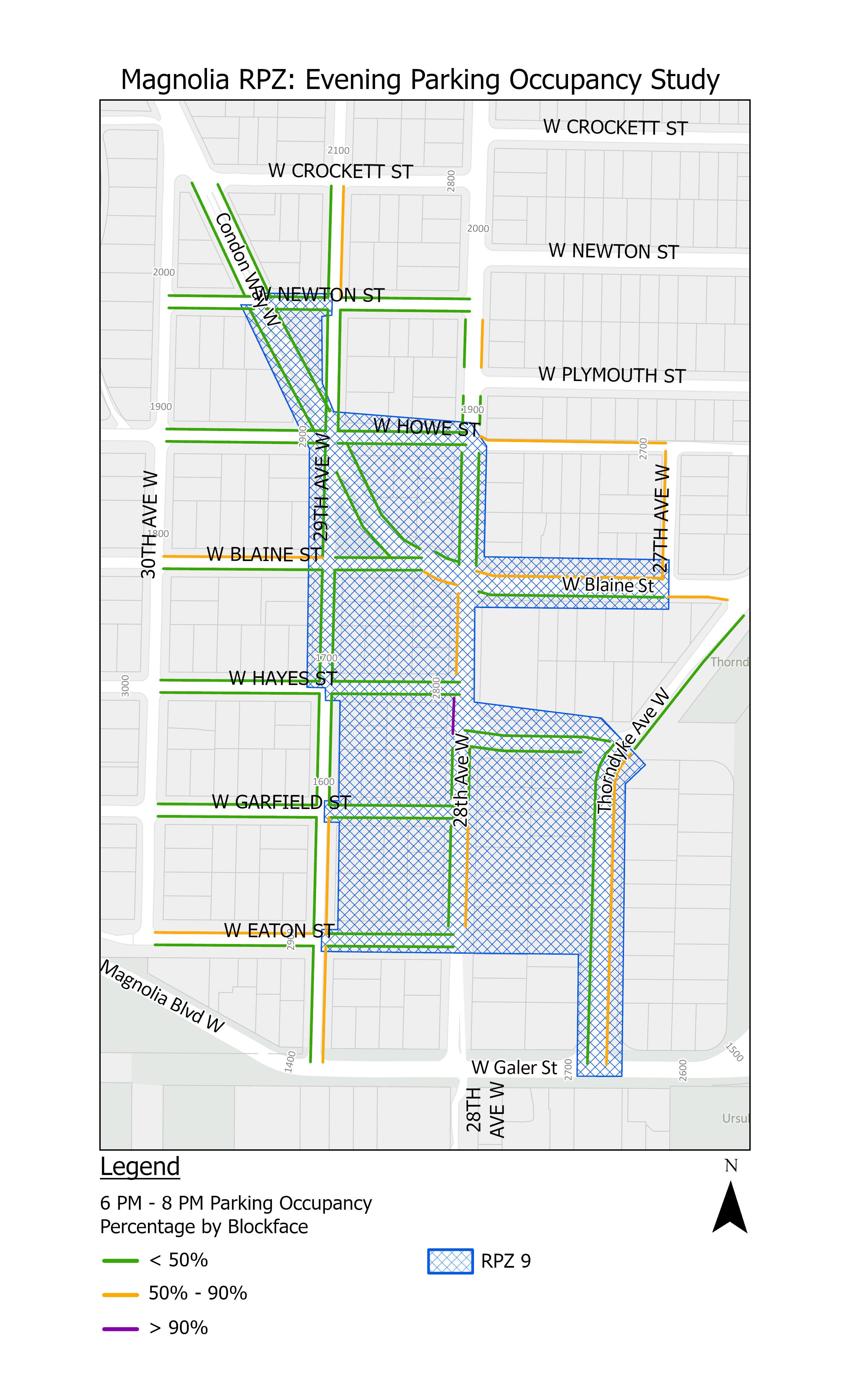 map showing parking occupancy by blockface in the Magnolia RPZ 9 study area during the evening hours (6 PM - 8 PM)