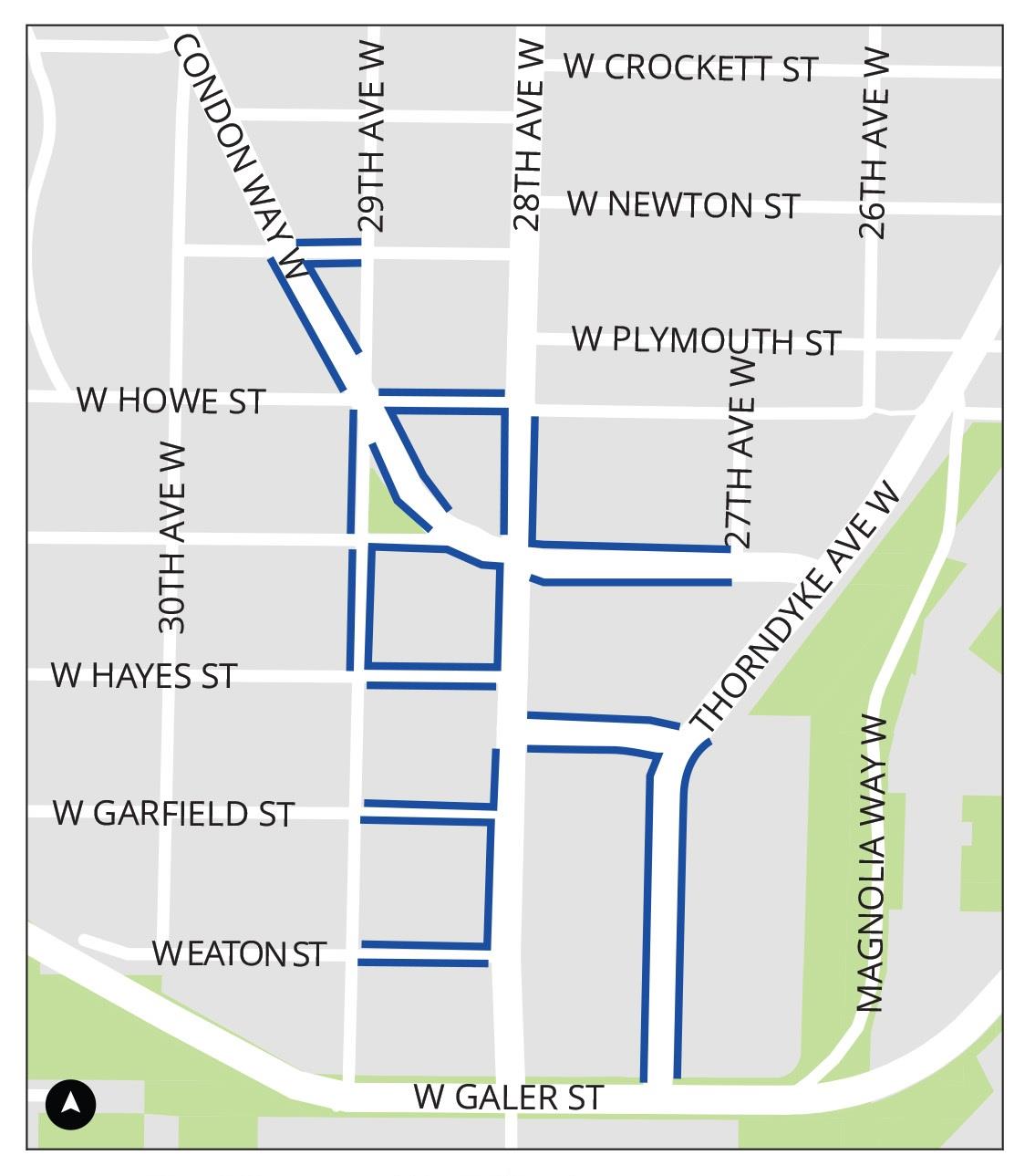 map shows RPZ 9 signs are located on 30 blockfaces in the south Magnolia neighborhood, just north of W Galer St