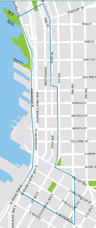 Boundary map for Sunday Time limits in Pioneer Square and the Waterfront