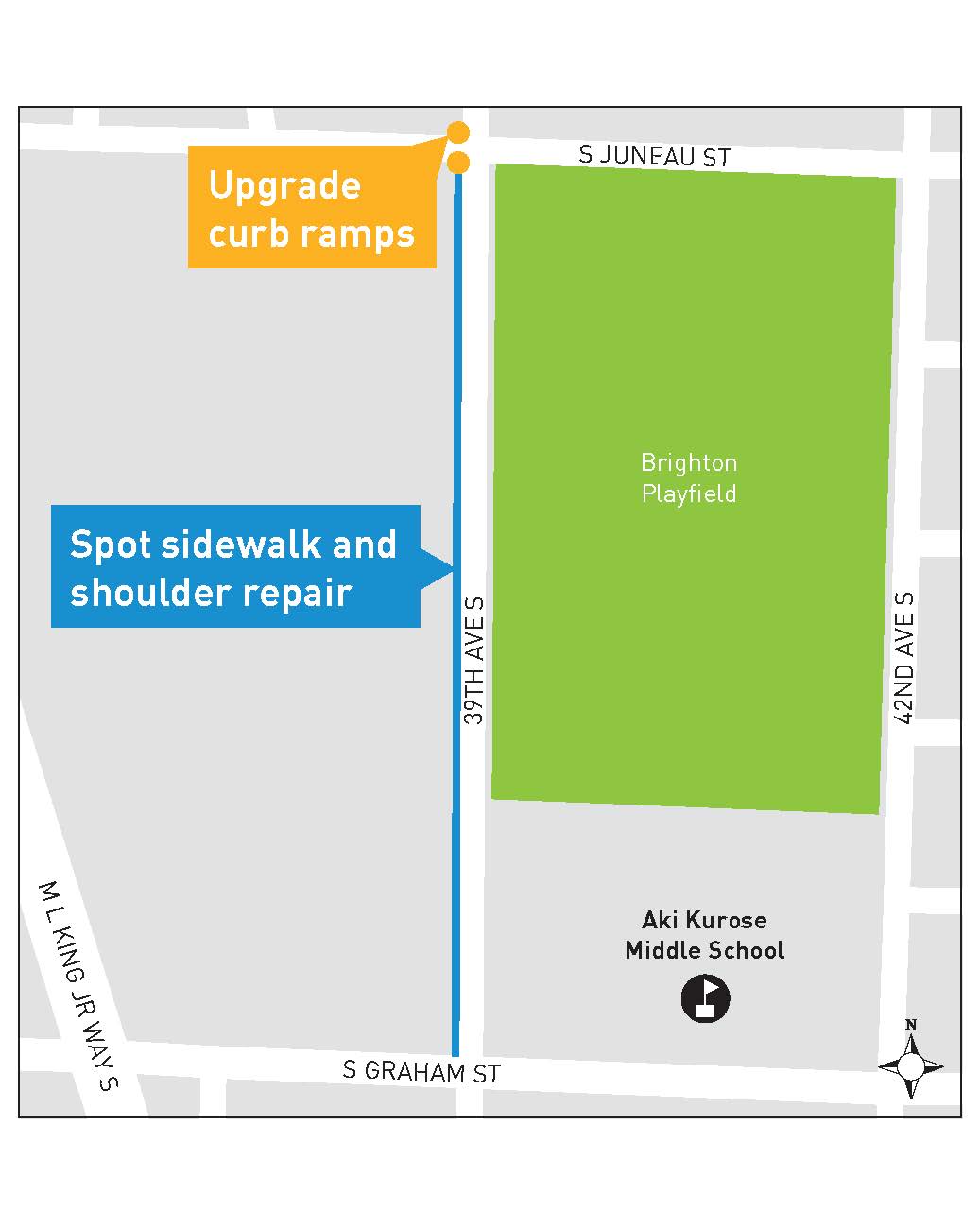 39th Ave S between S Juneau and S Graham St, street and walkway enhancements map