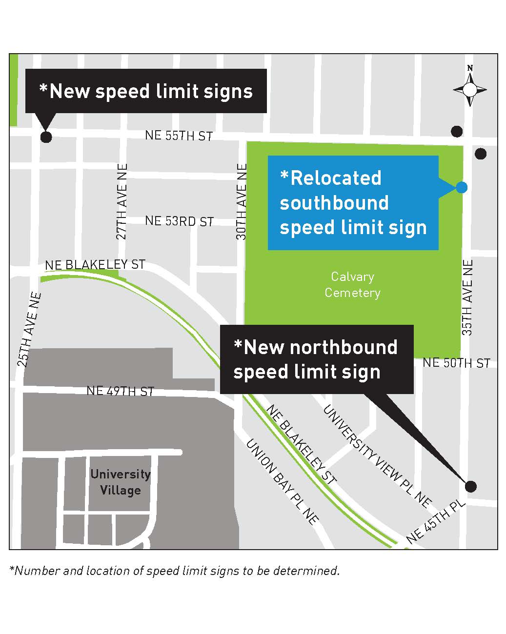 35th Ave Northeast and Northeast 55th Street speed limit sign modifications map