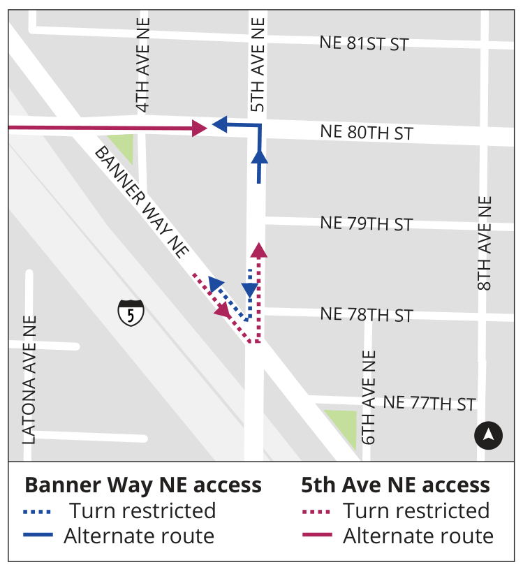 Image shows how southbound and northbound travelers should turn to get through the intersection with new turning restrictions.