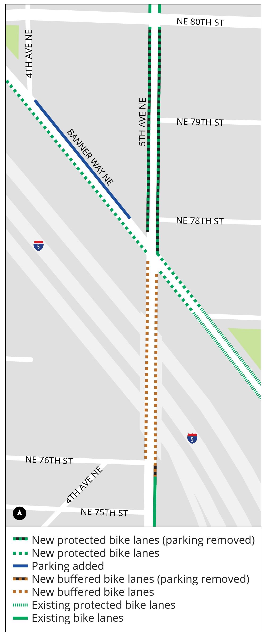 Image shows the location of bike lanes and parking removal on a map.