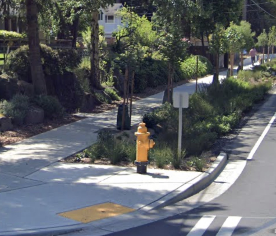 Image showing 30th Ave NE condition after phase 1 installation of sidewalk and Natural Drainage System.