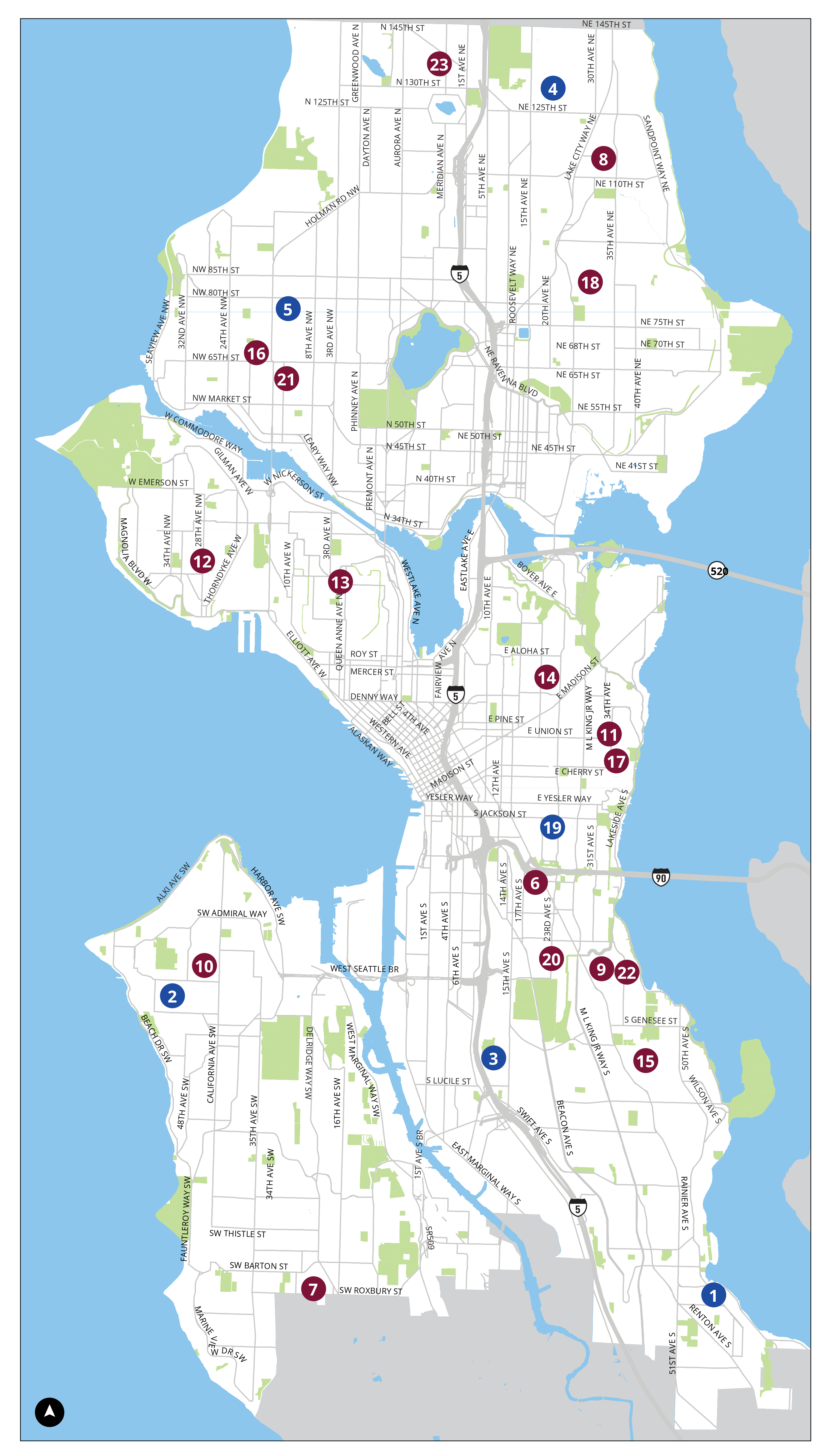 Map of Seattle showing dots labeled 1-23 for each School Street.