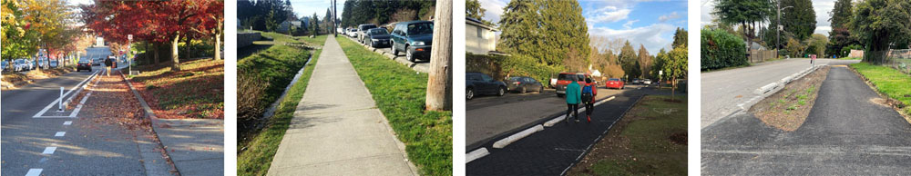 Image of a person walking on a painted walkway, at-grade concrete walkways, and at-grade asphalt walkway. 