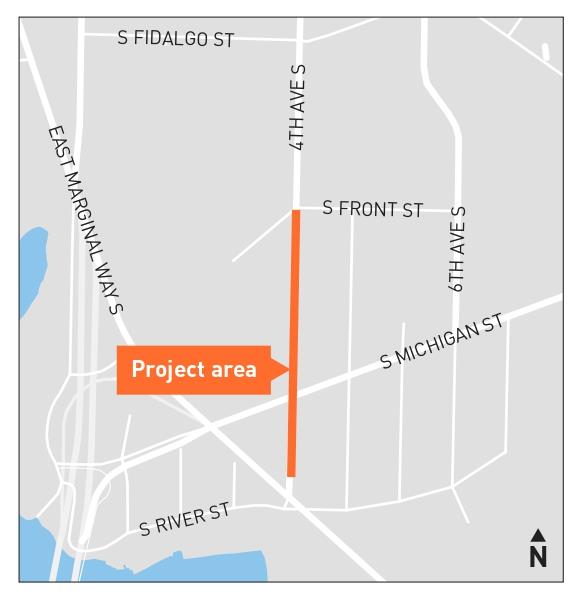 Map of 4th Ave S Sidewalk Project area from S Front St to E Marginal Way S