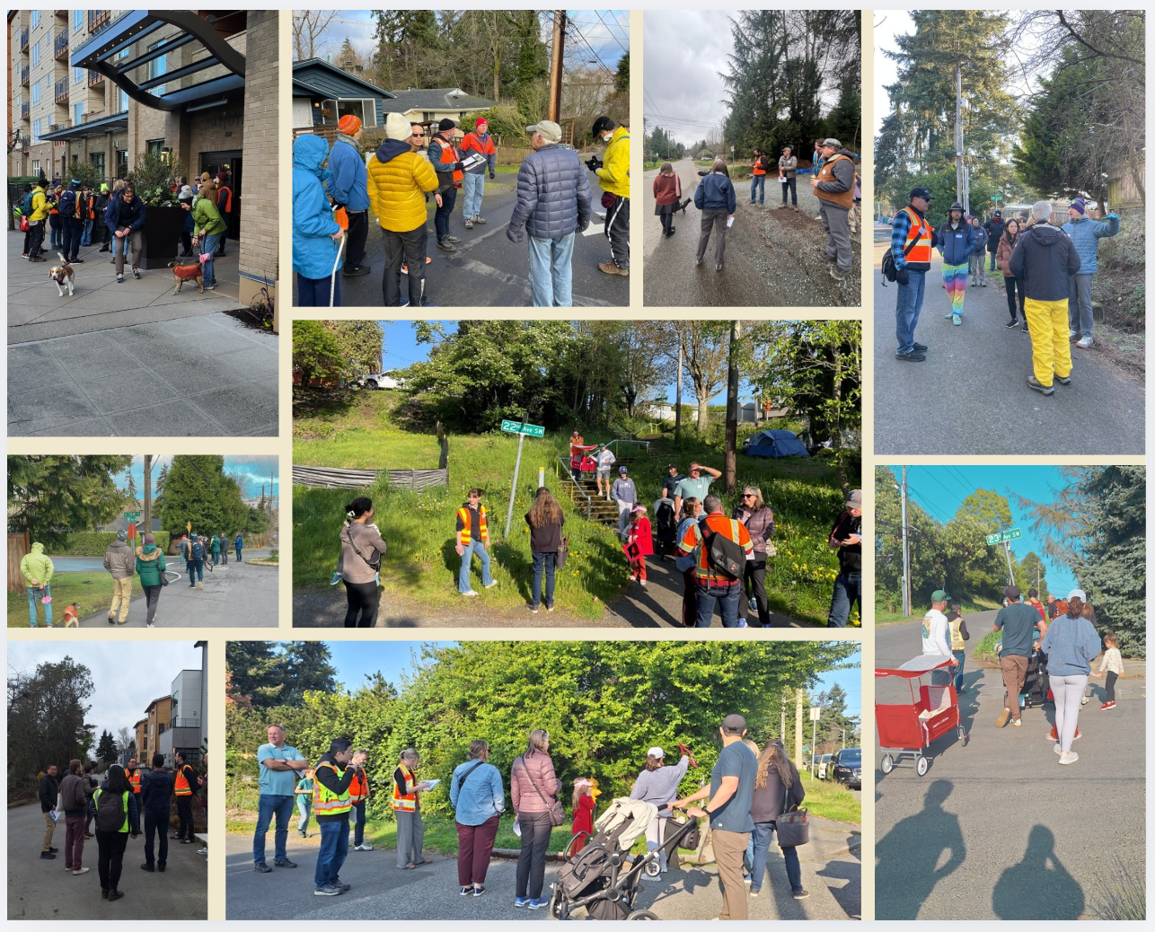 Photo collage shows groups of community members and SDOT staff members walking and talking in various neighborhoods.