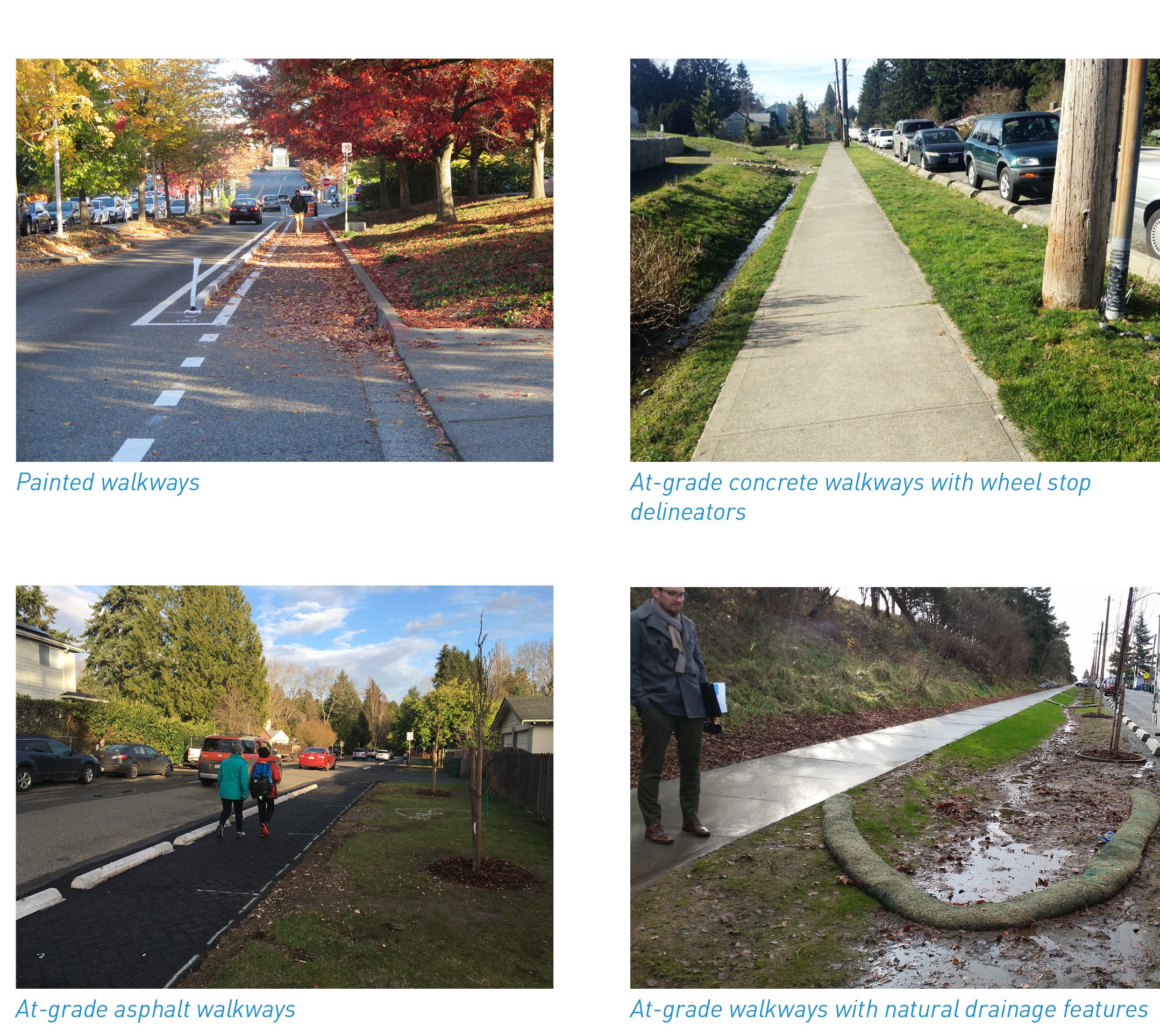 Pictures of four different walkways: painted pathways, grade-separated asphalt pathways (can be stamped or stained), delineated, at-grade asphalt or concrete pathways, and shared space with calmed traffic. 