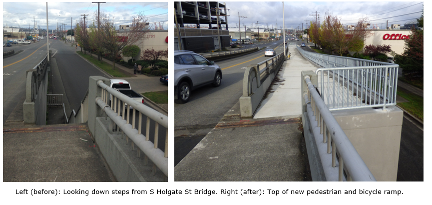 Before and after construction, showing newly added pedestrian and bicycle ramp