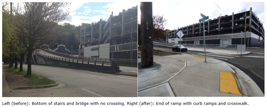 Before and after construction, showing curb ramps and new crosswalk