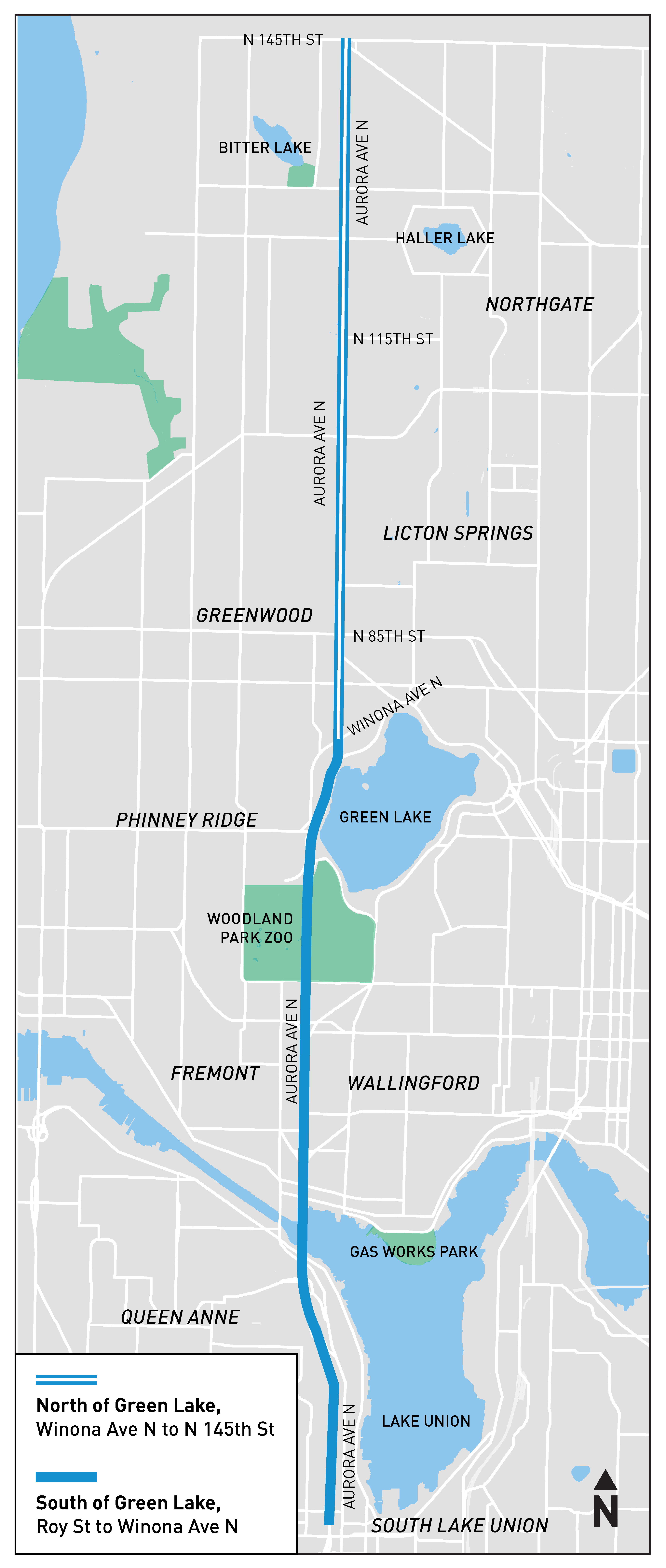 Map of Aurora Ave N from South Lake Union to North Seattle at the border with Shoreline, split into two sections (north of Green Lake and south of Green Lake). The North of Green Lake section goes from Winona Ave N to N 145th St. The South of Green Lake section goes from Roy St to Winona Ave N.