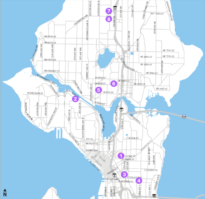 Map of the locations of the pedestrian refuge island locations, with purple numbered dots showing completed projects