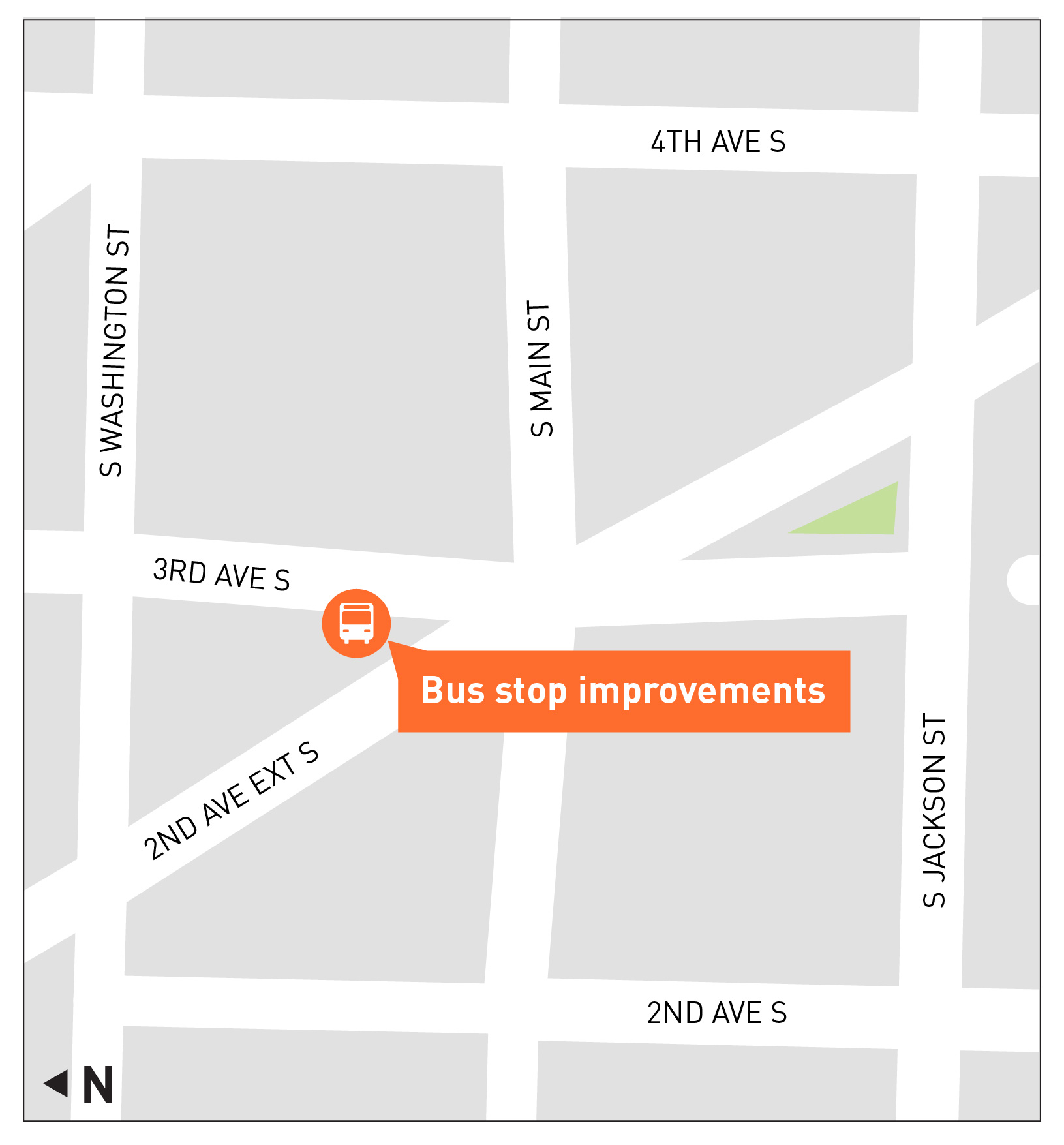 A graphic map showing the location of the planned bus stop on the west side of 3rd Ave S, between S Washington St and S Main St. Click for a PDF version.