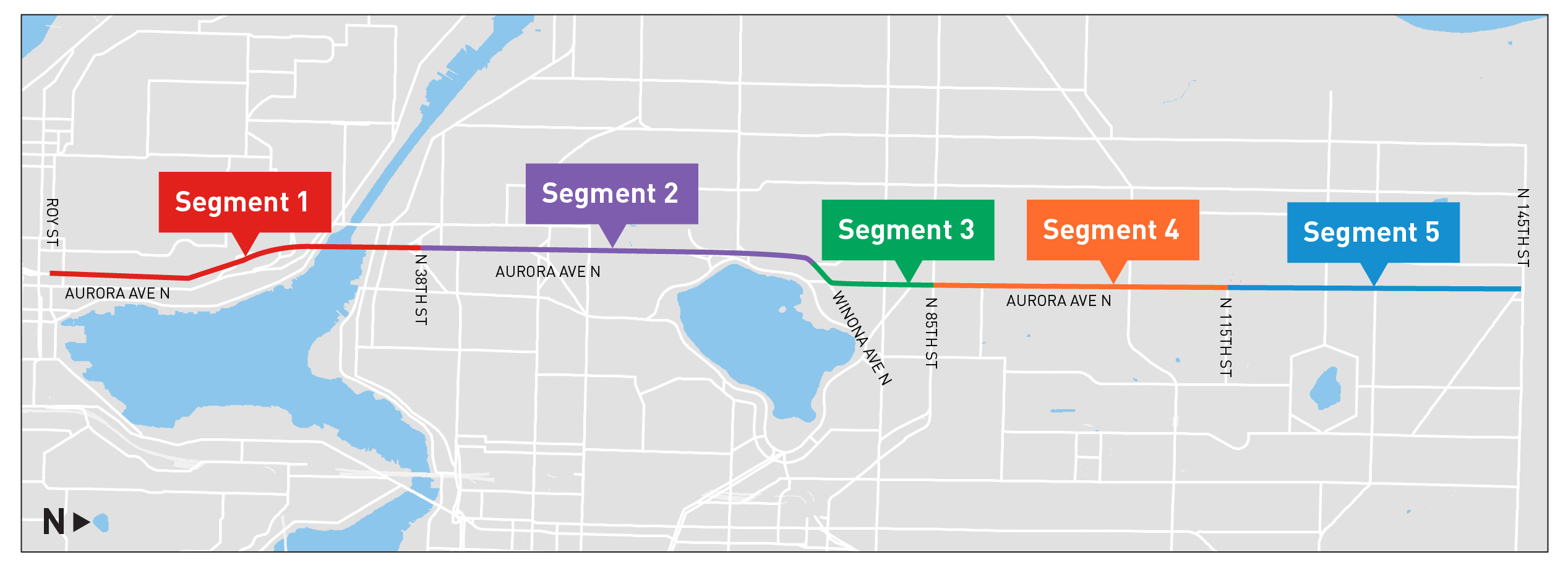 Map of the Aurora Corridor with segments labled Segment 1 to N 38th St, Segment 2 that ends Winona Ave N, Segment 3 that ends at N 85th St, Segment 4 that ends at N115th St, and Segment 5 that ends at N 145th St