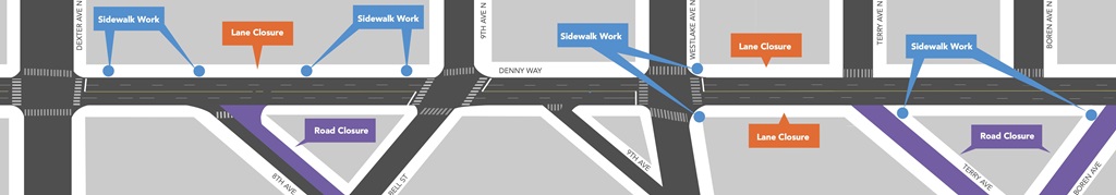 Map shows work areas on Denny Way between Taylor Ave and Westlake Ave