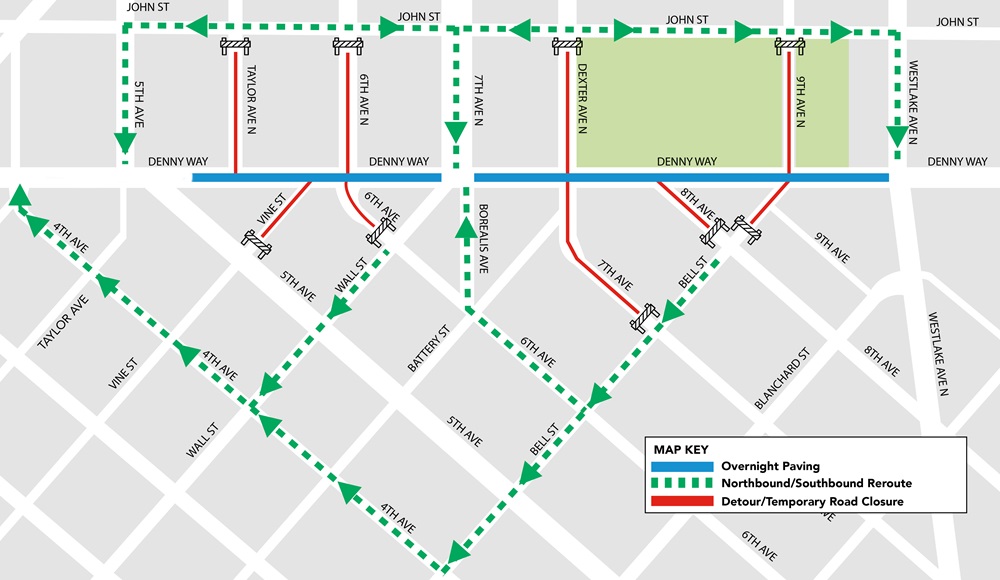 Map showing detours for paving work on Denny Way
