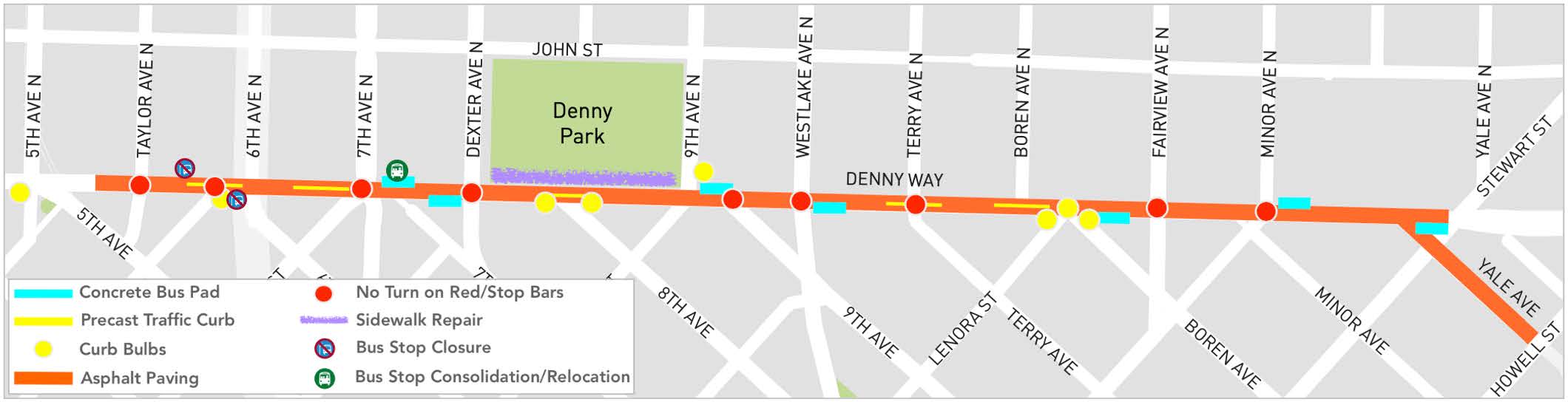 Map showing work on Denny Way from Taylor Ave N to Yale Ave