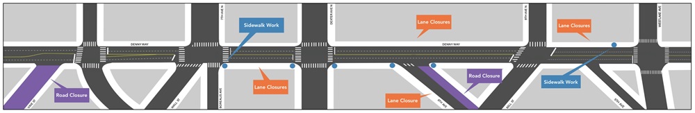 Map shows various work areas on Denny Way