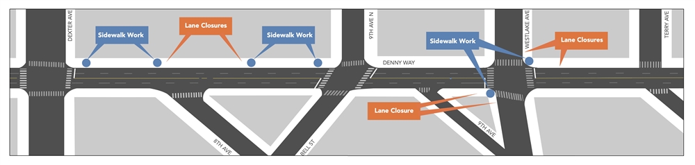 Map showing work on Denny Way between Dexter Ave and Westlake Ave
