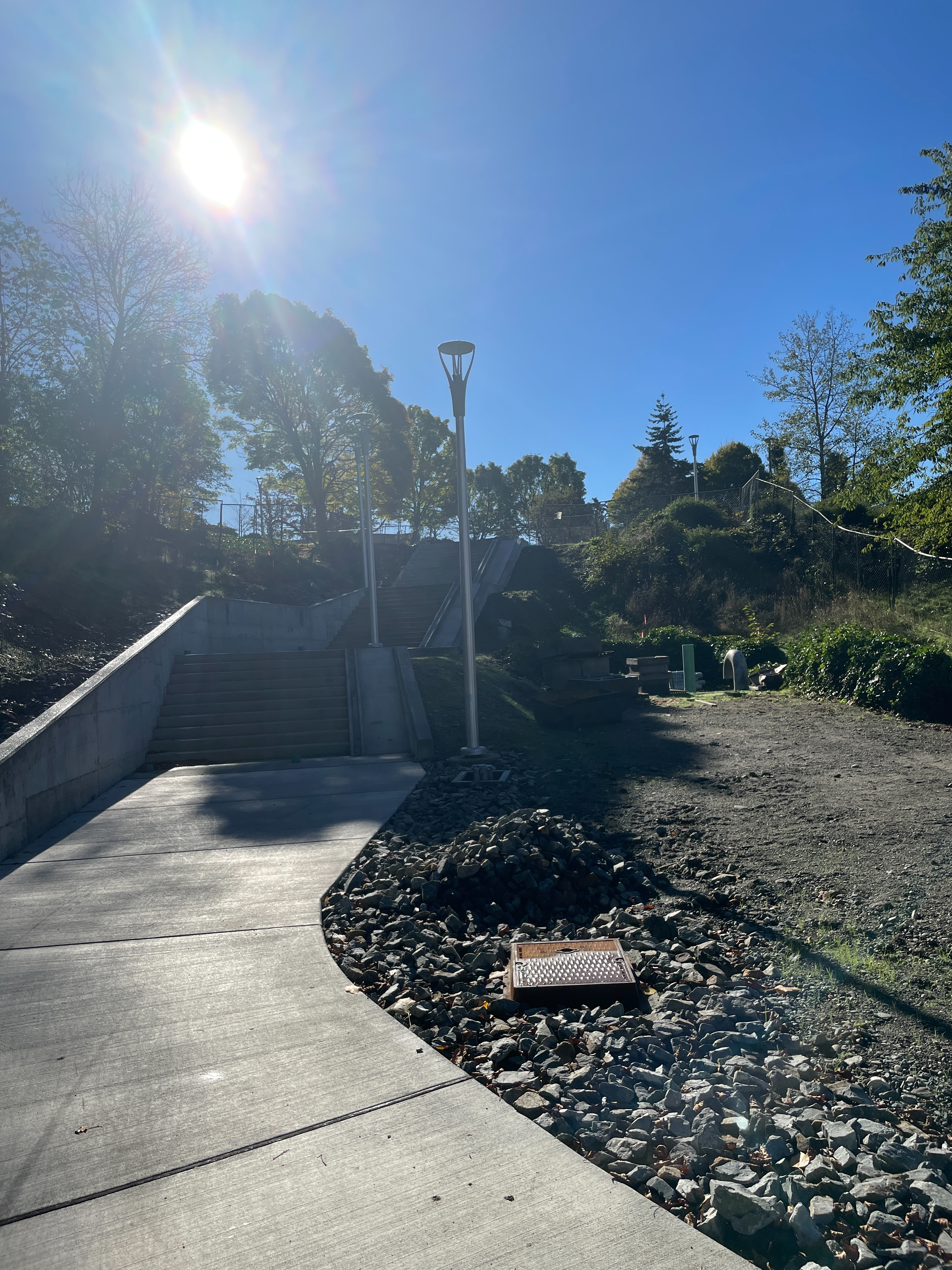 A view of the Hiawatha Place Staircase from the Mountains to Sound Trail