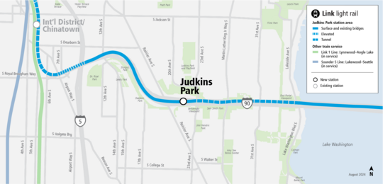 Map showing the location of the Judkins Park Station just west of Lake Washington