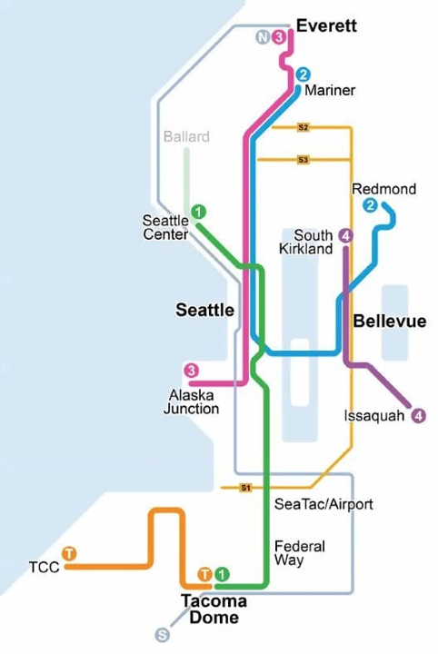 Map of the Sound Transit system to be built as part of the ST3 plan. It includes new light rail from Tacoma to Everett, from South Downtown Seattle to West Seattle, from Kirkland to Issaquah, and from the Chinatown/International District to the Seattle Center, with further light rail connections planned from the Seattle Center to Ballard