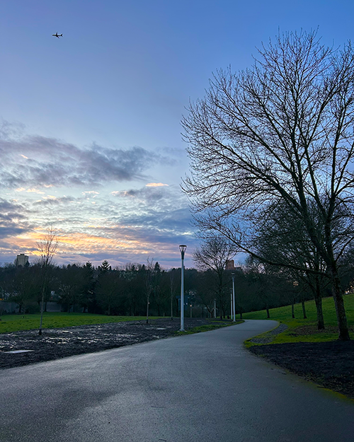 An unlit light pole on the MTS/I-90 Trail