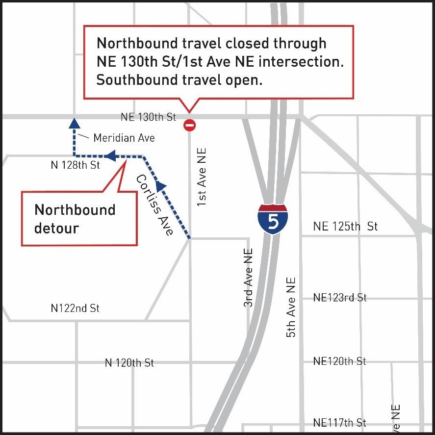 map showing detour at 1st Ave NE