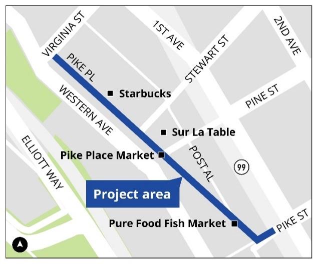 Graphic shows the project area, on Pike Pl between Virginia St and Pike St, and the small section of Pike St between 1st Ave and Pike Pl. 