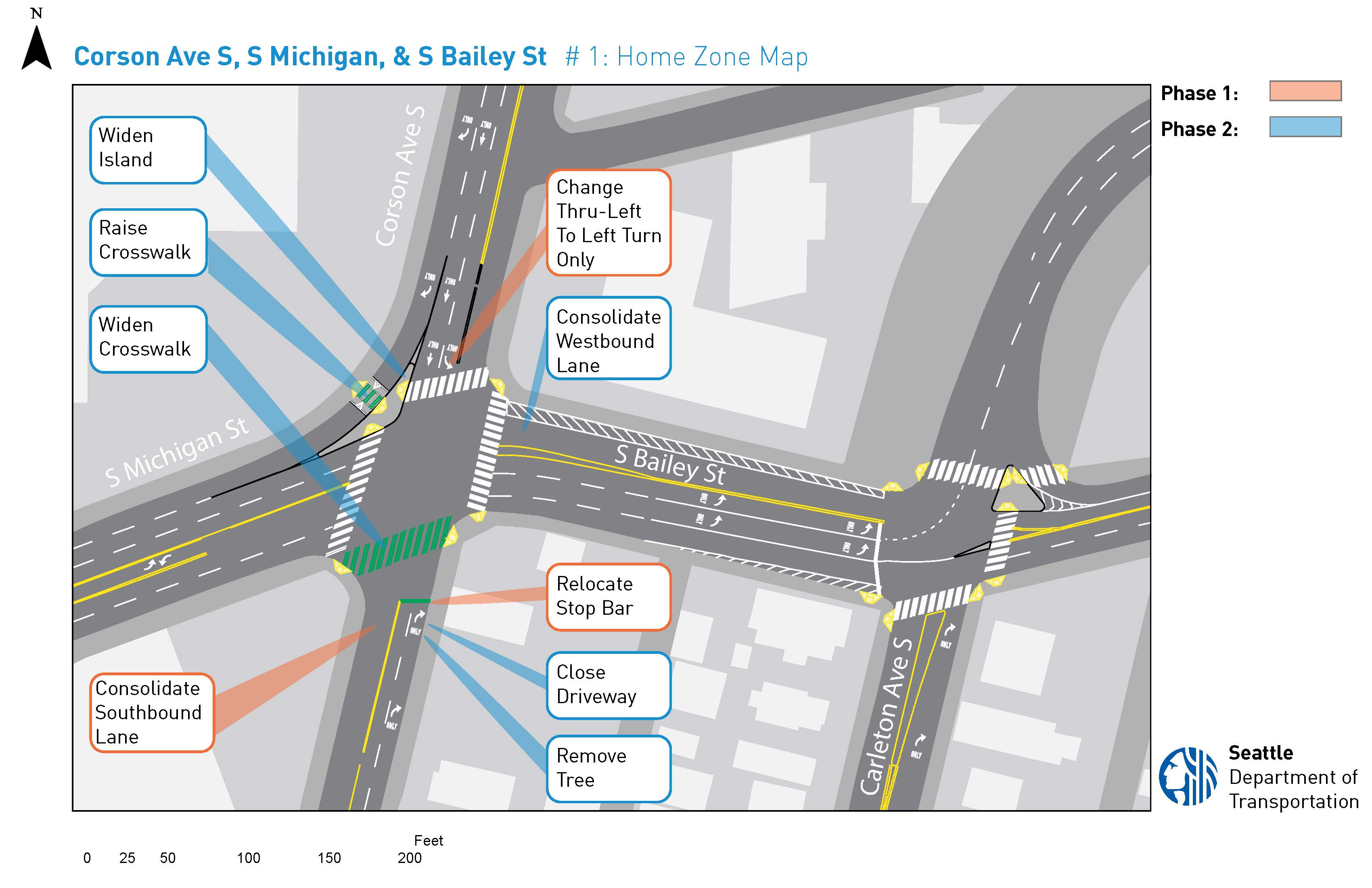 Map of Corson Ave S, S Michigan, and S Bailey Street Home Zone with phases.