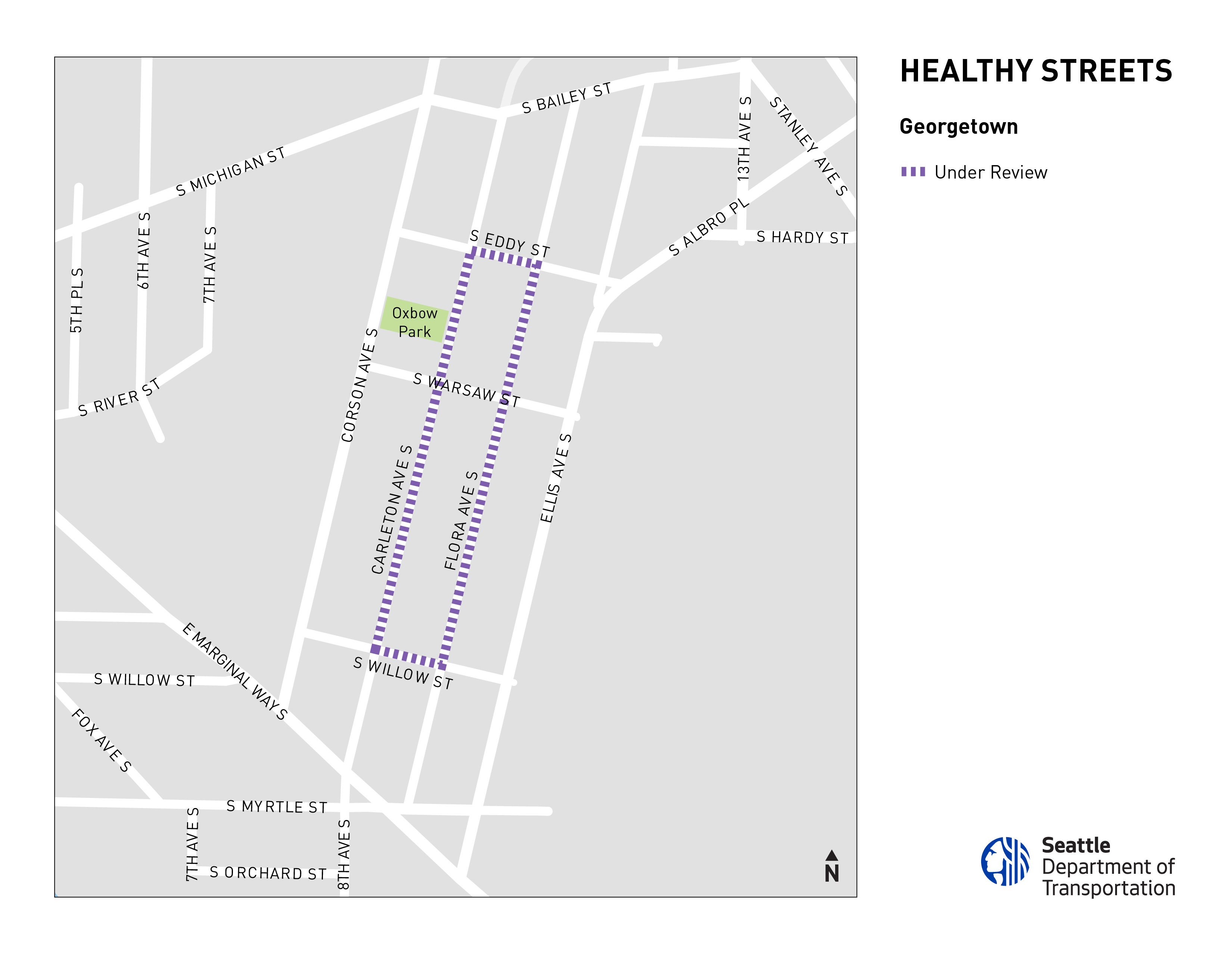 a map showing Healthy Street locations in Georgetown currently under review: on Carleton Ave South and Flora Ave South between South Willow and South Eddy streets