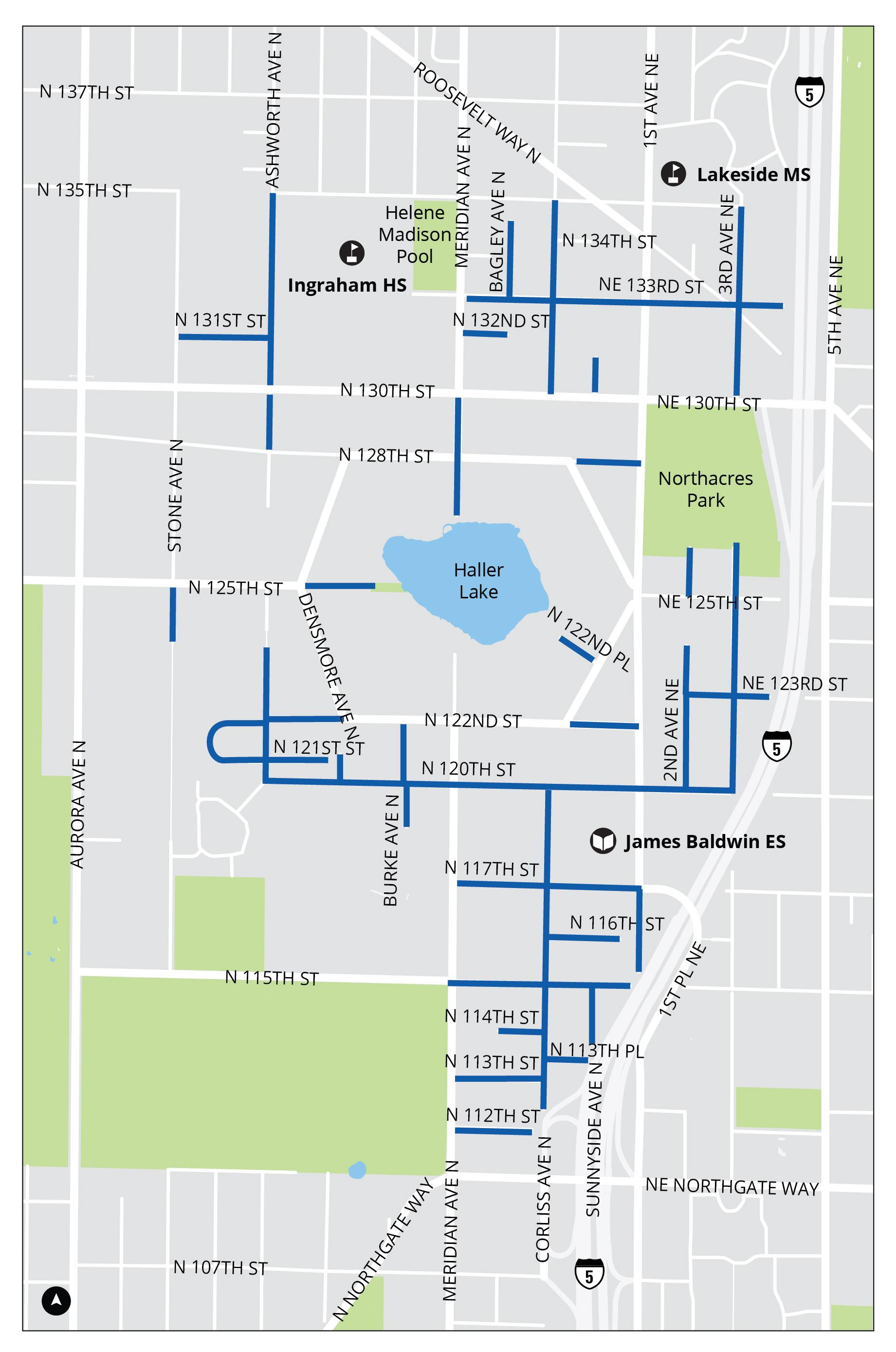 A street map of a Seattle neighborhood centered around Haller Lake, Northacres Park, and Ingraham High School. The map highlights specific streets, intersections, and cul-de-sacs with thick blue lines, indicating slurry seal treatment. Key landmarks labeled include Lakeside Middle School, James Baldwin Elementary School, Helene Madison Pool, Meridian Avenue North, and Interstate 5 running along the right side.