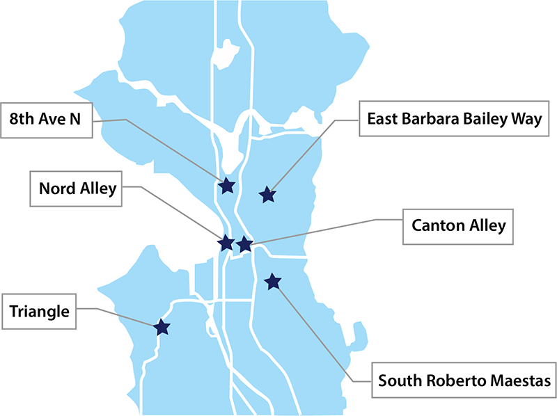 Line map of Seattle indicating the location of our festival streets.