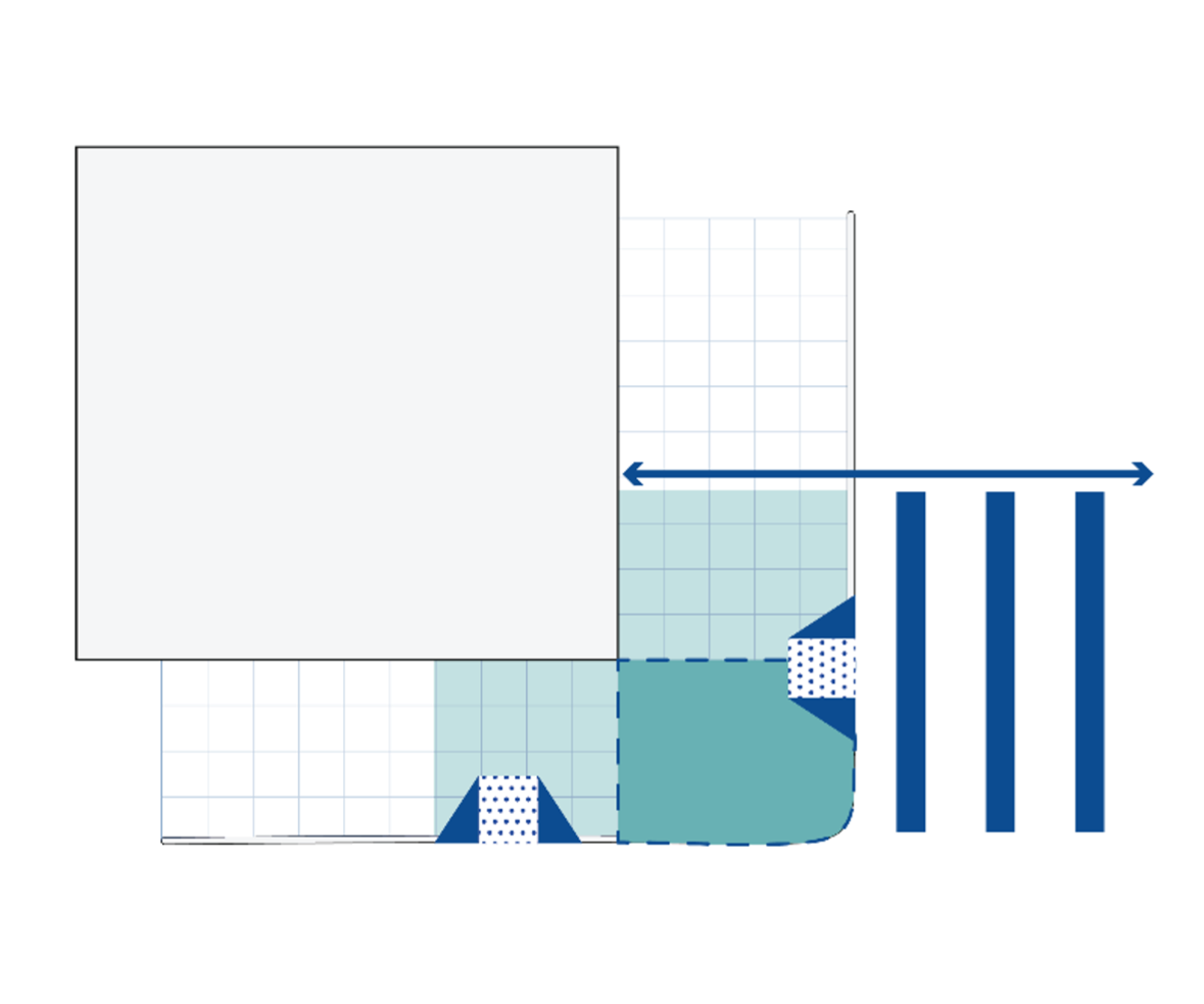 This figure shows the corner clearance zone where the boundaries are defined by the edge of the crosswalk. Outdoor dining is prohibited from being in this area.