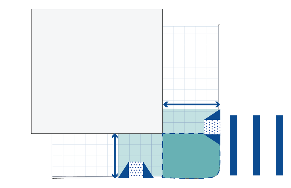 This figure shows the corner clearance zone where the boundaries are defined by the edge of the curb ramp. Outdoor dining is prohibited from being in this area.